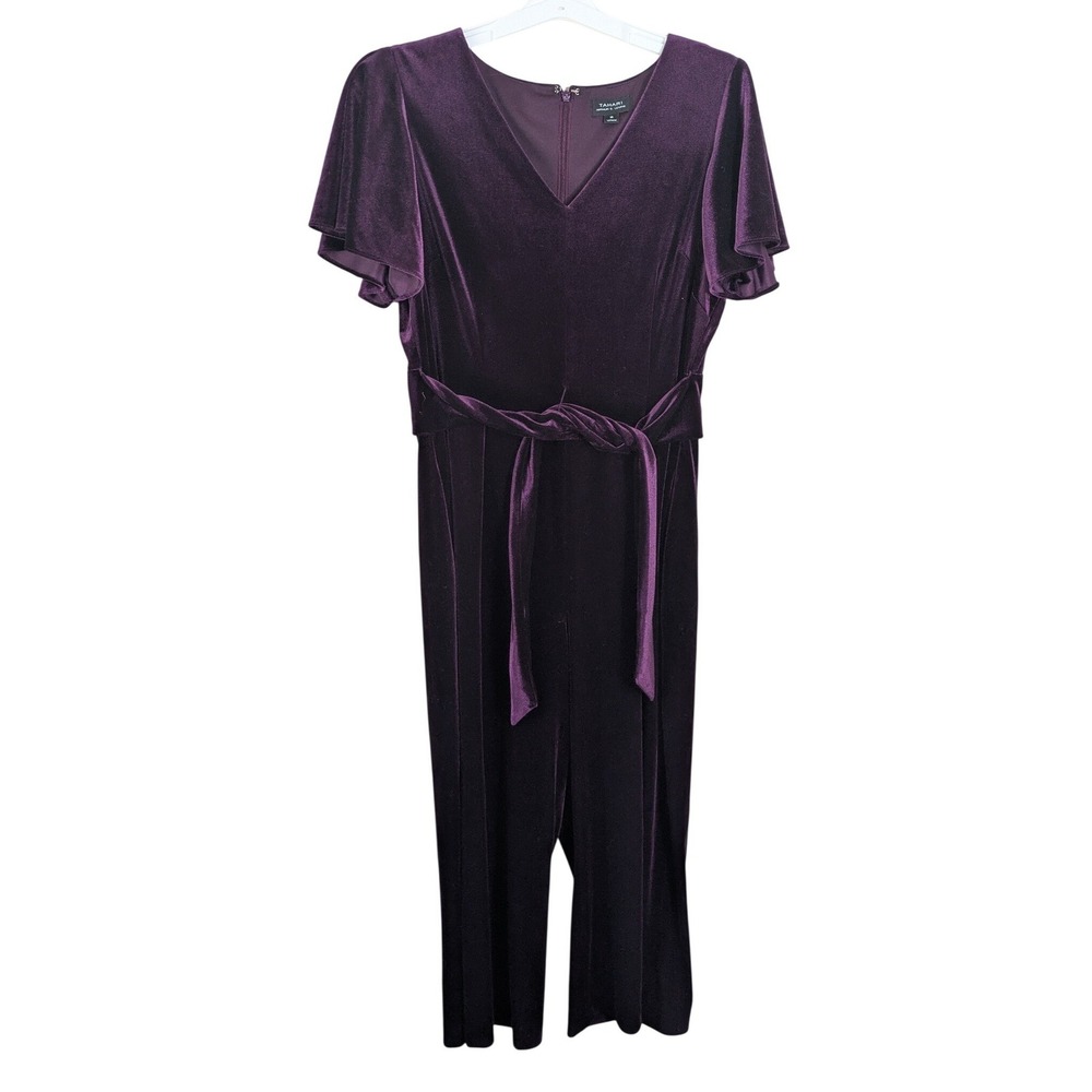 Plum Velvet Culotte Jumpsuit Whimsigoth Flutter Sleeve Pockets Tahari ASL 16